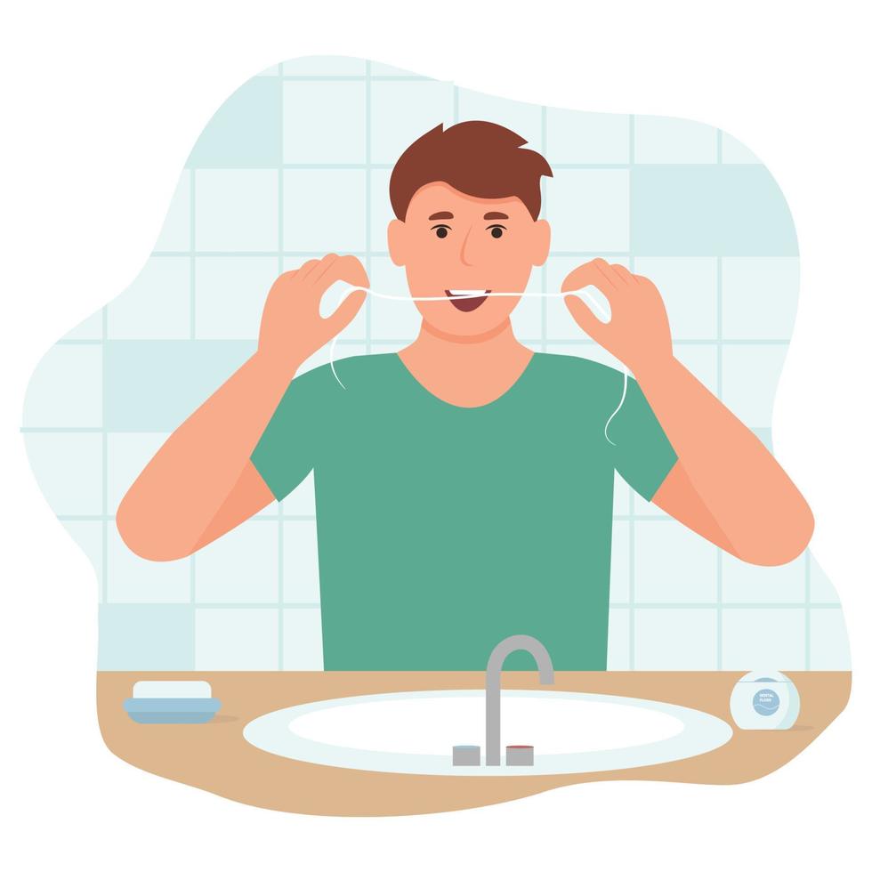 Mann Bürsten Zähne mit Dental Zahnseide im Badezimmer. lächelnd Mund mit gesund Zähne. Oral Hygiene und Täglich Routine Konzept. Vektor Illustration isoliert auf Weiß Hintergrund