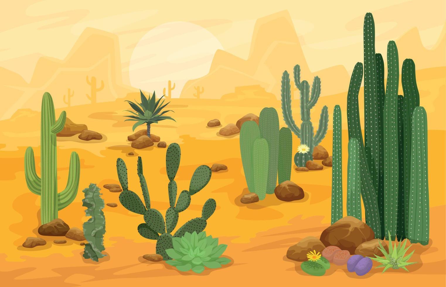 kaktusar tecknad serie landskap sammansättning vektor