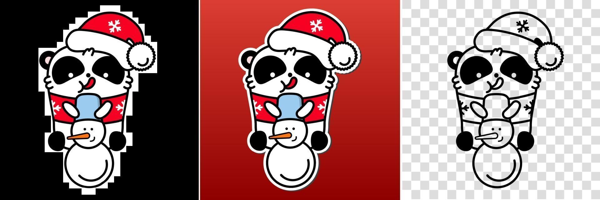 panda kawaii santa set. söt vektor glad björn i jul snögubbe hatt. linjär stilillustration på en vit bakgrund. klistermärke, tryck för färgläggning.