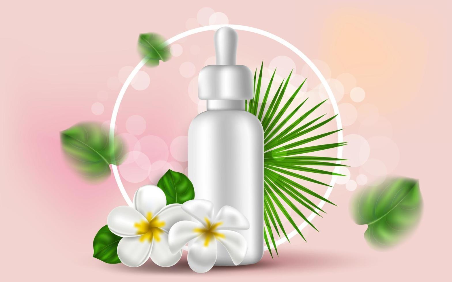 Vektor realistische Illustration mit weißem Modell einer Flasche für Serum. tropische hawaiianische Blüten und goldene Blätter. Banner für Werbung und Verkaufsförderung für kosmetische Produkte. Verwendung für Plakate, Karten