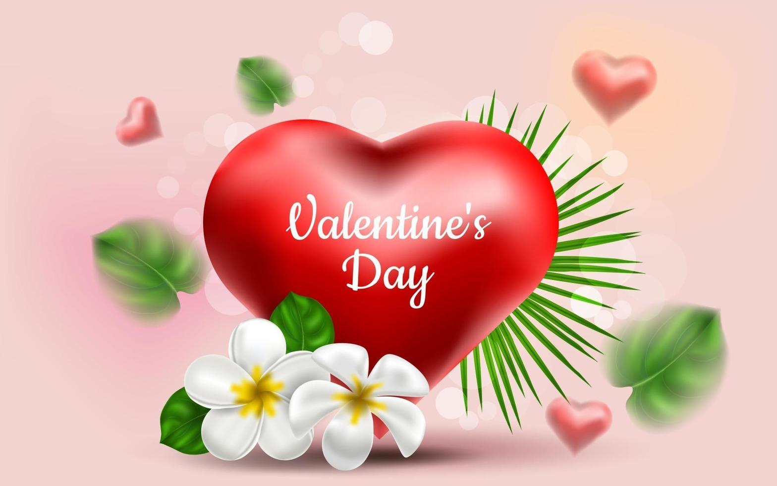 alla hjärtans dag. vektor söt och söt rosa bakgrund med realistiska 3d röda hjärtan och exotiska löv och blomma frangipani. banner för webbplatsen eller vykort. plats för text