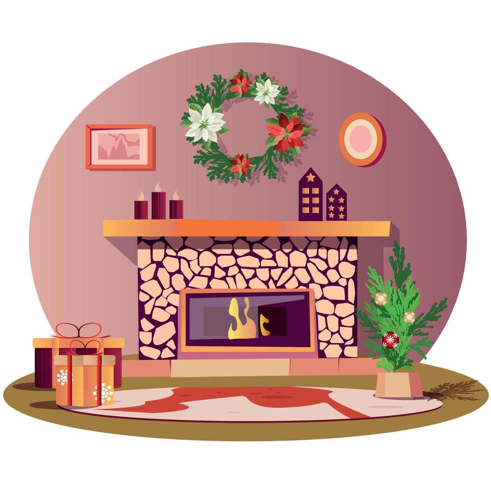 Zuhause Innere mit Weihnachten Dekoration. Weihnachten Baum mit Bälle, Geschenk Kisten, Kerzen, Weihnachten Kranz und Kamin. Vektor Karikatur einstellen von Neu Jahr Dekor zum Leben Zimmer