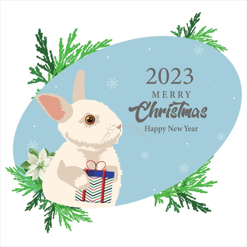 ein süß Hase hält ein Geschenk zum Weihnachten und Neu Jahr. Banner mit Text fröhlich Weihnachten. Urlaub Postkarte. vektor