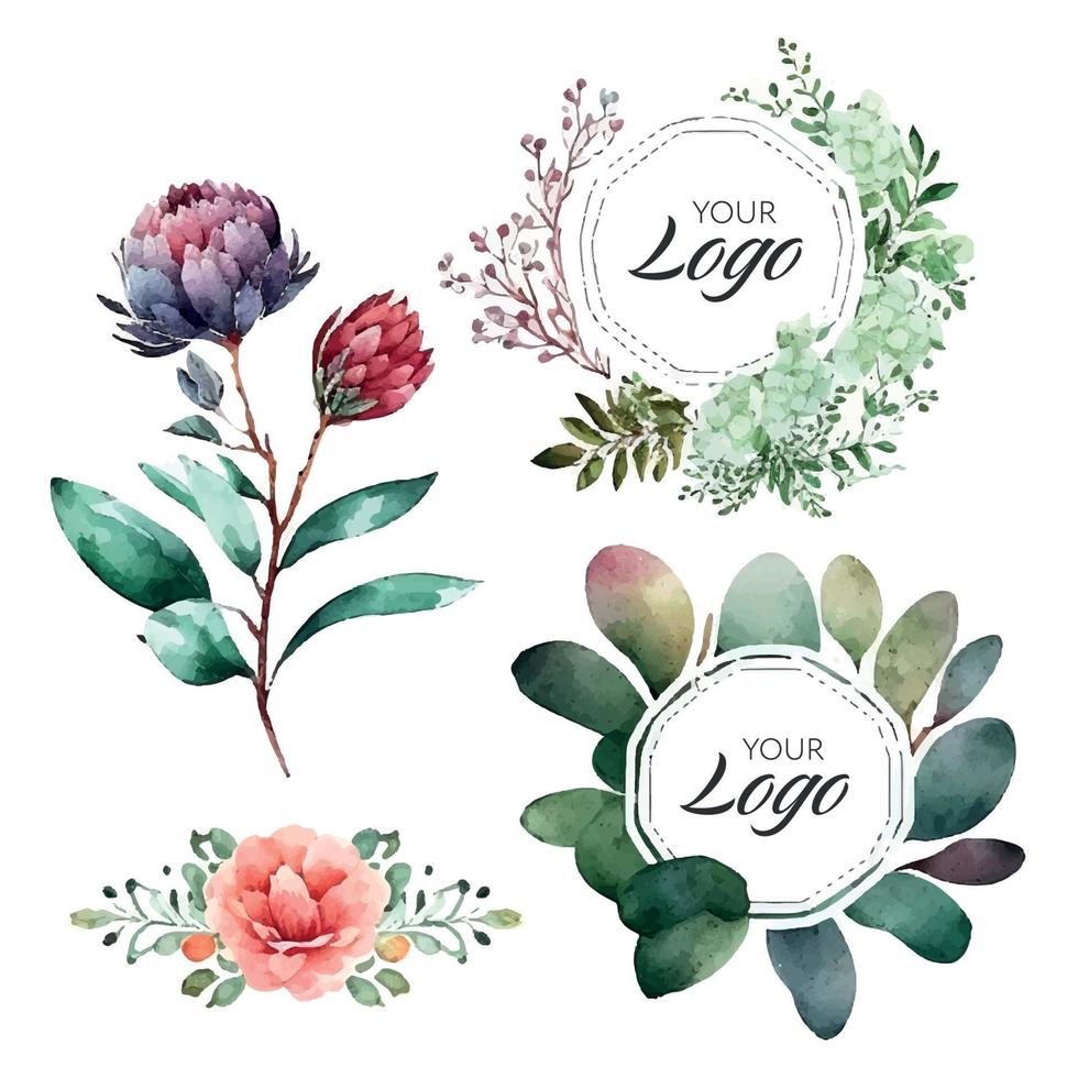 logotyp vattenfärg med blommor baner för bröllop, lyx logotyp, banner, märke, utskrift, produkt, paket.vektor illustration vektor