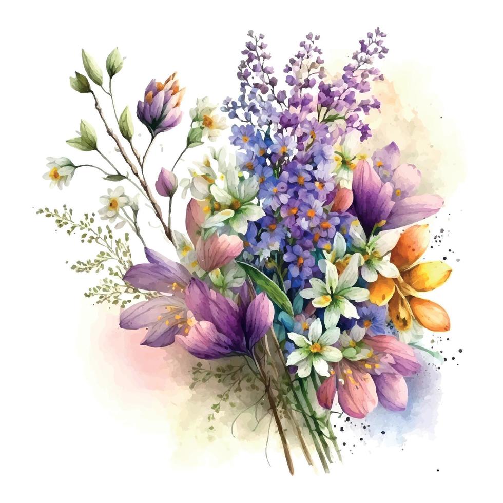 bukett av vår blommor vattenfärg blommor vattenfärg illustration. manuell sammansättning. vår. sommar. vektor