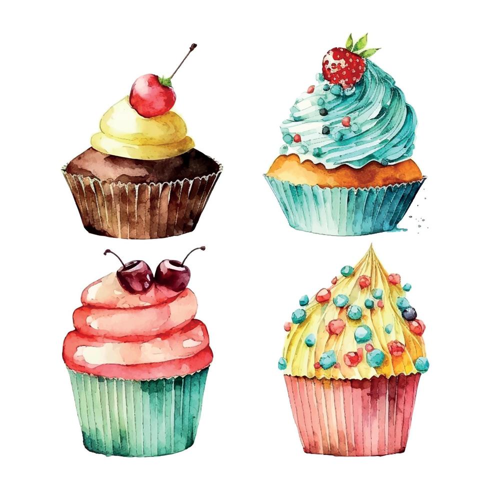 Cupcake-Set mit Sahne. aquarellillustration eis vektor