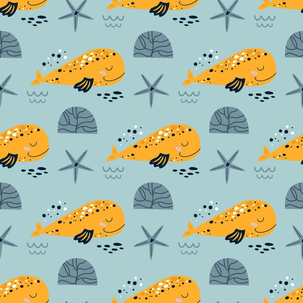 Wal wiederholen Hintergrund Super süß Wal nahtlos Muster zum Baby drucken Meer Kinder Stoff Design, Spaß Fisch, grau Kinder nautisch Muster. unter Meer Hintergrund Textil. Wasser- Vektor Karikatur Illustration.