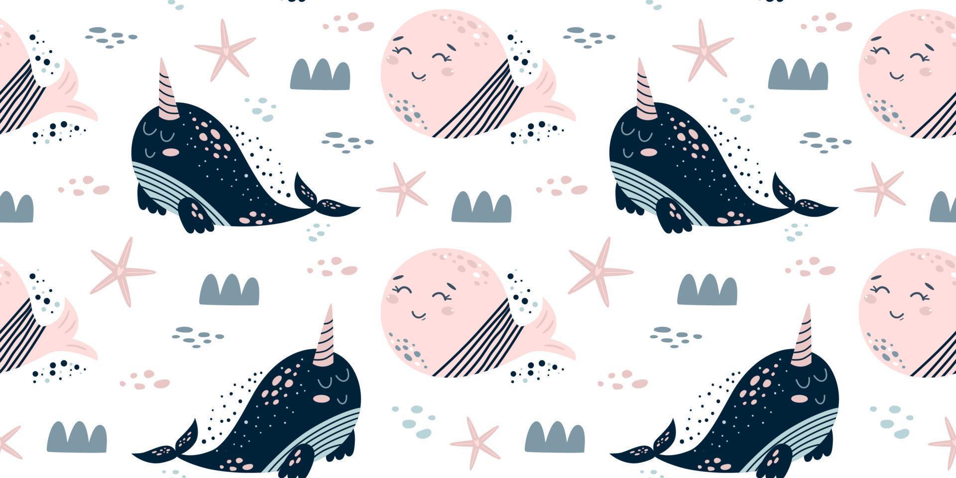 narval val mönster. söt hav barn mönster med blå narval, rosa val. bebis hav djur sömlös bakgrund. under hav tapet textil. vatten- barn mönster. vektor tecknad serie tyg illustration.