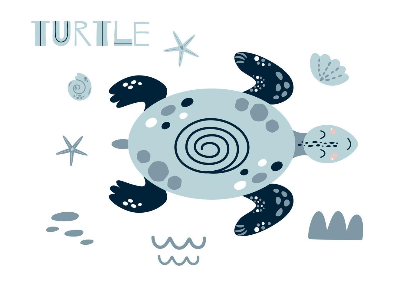 söt sköldpadda tecknad serie. söt bebis hav djur. kön neutral sommar hav element barn nautisk skriva ut. rolig blå sköldpadda. sommar bebis dusch, barn födelsedag fest mönster karaktär. vektor illustration.