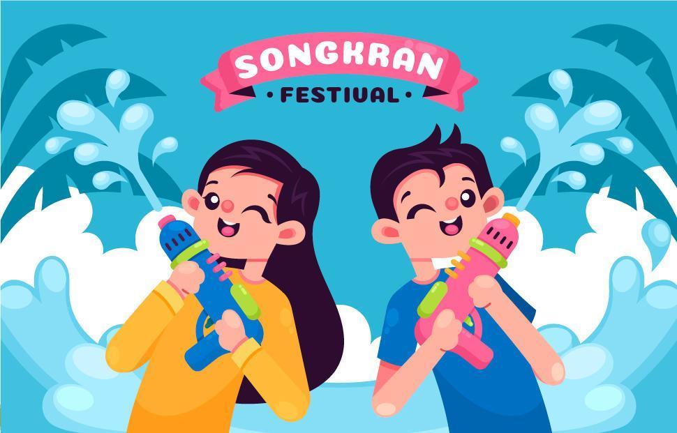 glada människor firar songkran festival vektor