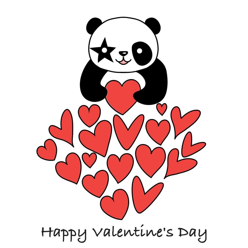 Valentinskarte mit süßem Panda und Herzen. Liebeskonzept. Abbildung auf weißem Hintergrund. vektor