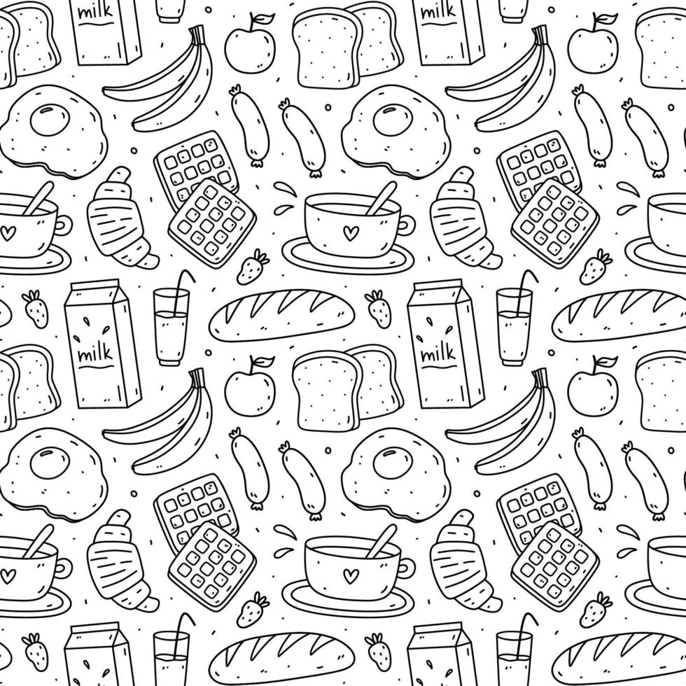 süß nahtlos Muster mit Frühstück Essen - - Toast, gebraten Ei, Würste, Kaffee, Croissants, Waffeln. Vektor handgemalt Gekritzel Illustration. perfekt zum drucken, Verpackung, Hintergrund, verschiedene Entwürfe.
