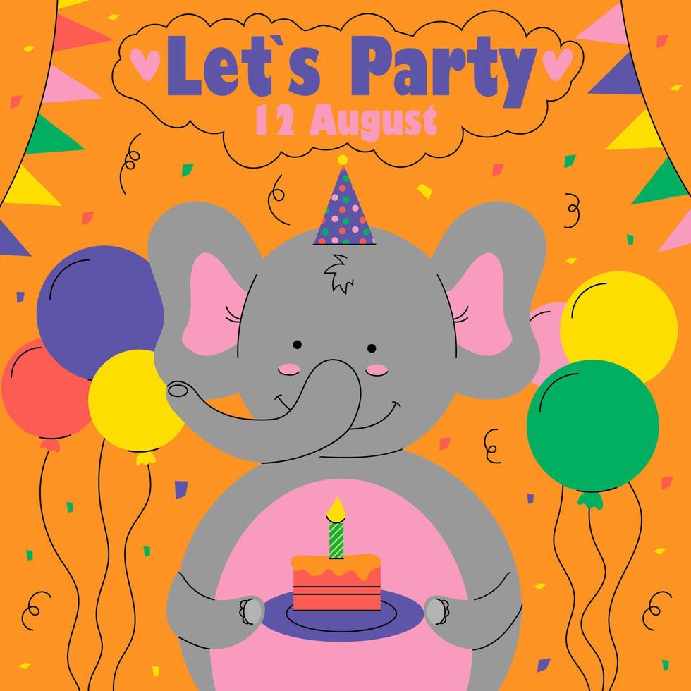 glücklich Geburtstag. Lasst uns Party Postkarte im Primitive minimalistisch Stil, süß Elefant mit festlich Ballon, Kind Gruß oder Einladung Karte modern Party Poster eben Vektor Gekritzel isoliert Illustration