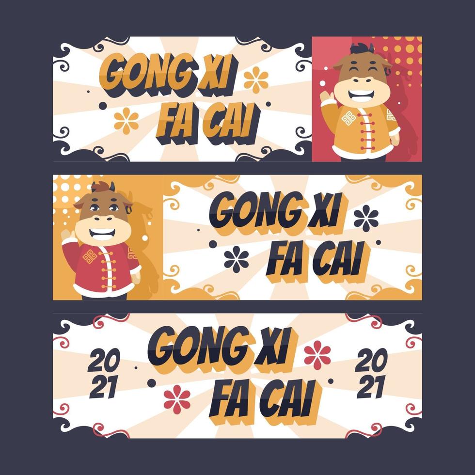 flache Gong Xi Fa Cai Banner mit niedlichen Ochsen vektor