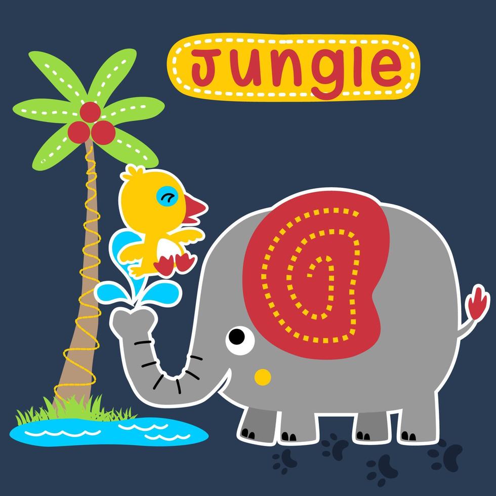 rolig elefant med Anka spelar vatten i djungel, vektor tecknad serie illustration