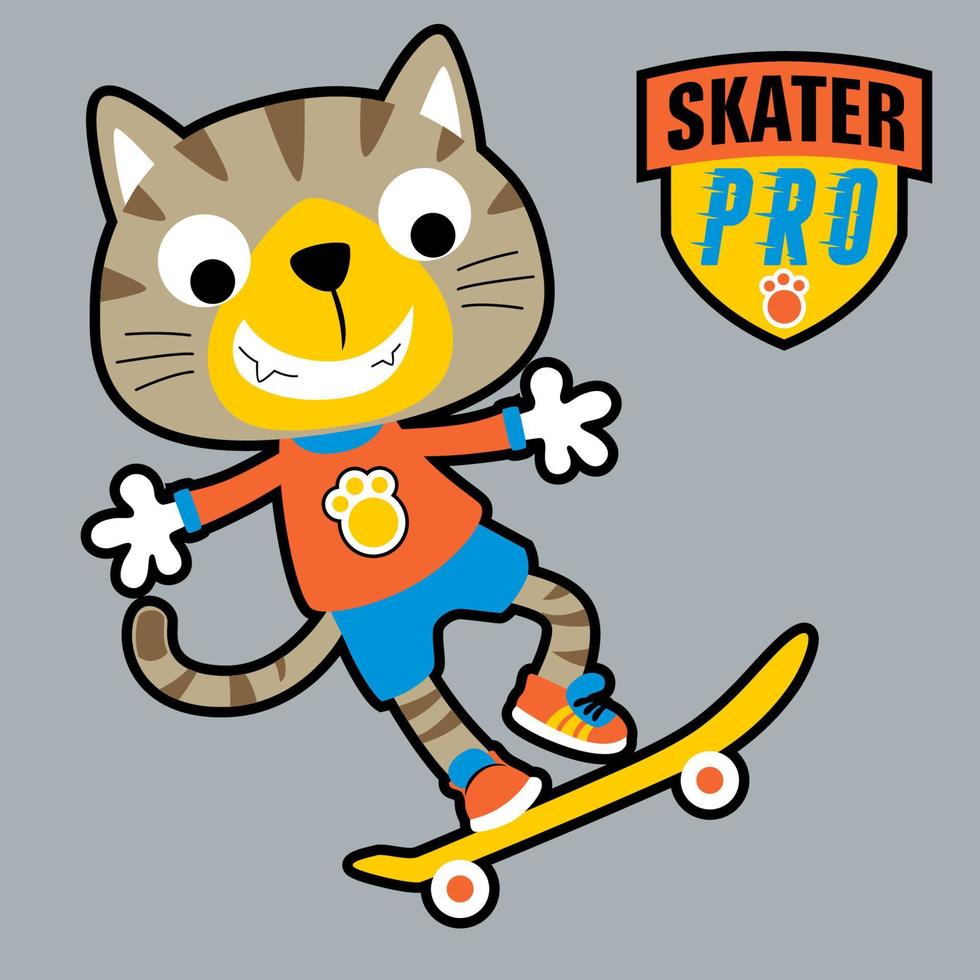 rolig katt spelar skateboard med skater logotyp, vektor tecknad serie illustration