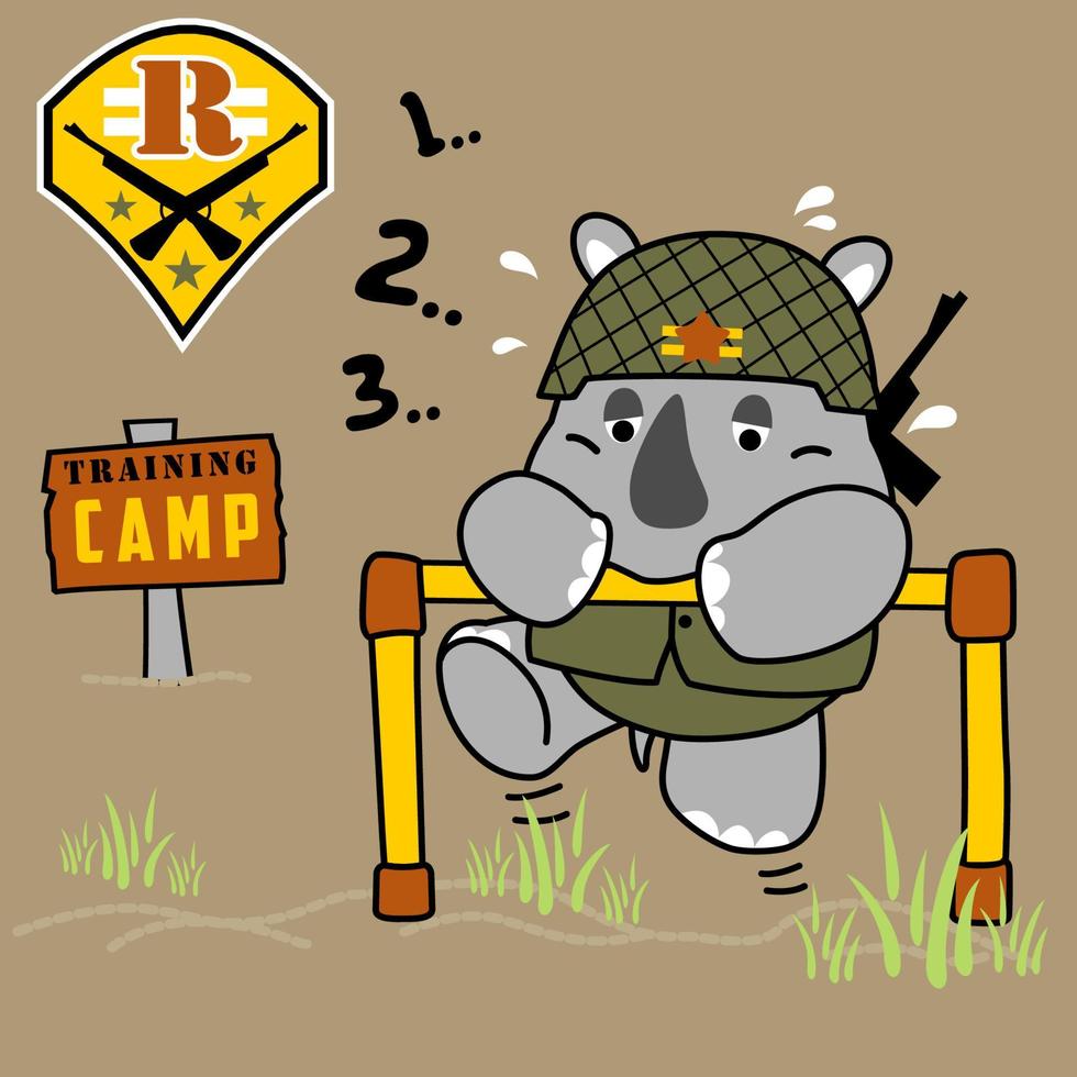 süß Nashorn im Militär- Ausbildung Lager, Vektor Karikatur Illustration