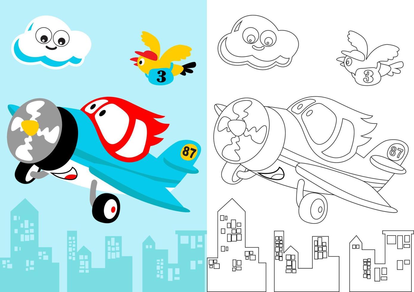 vektor tecknad serie av rolig flygplan med fågel och moln på byggnader bakgrund, färg sida eller bok