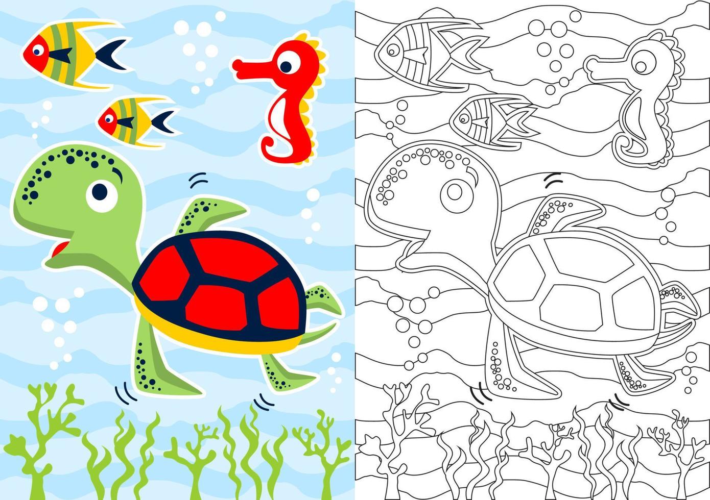 färg bok med marin djur, sköldpadda med fiskar och sjöhäst, vektor tecknad serie illustration
