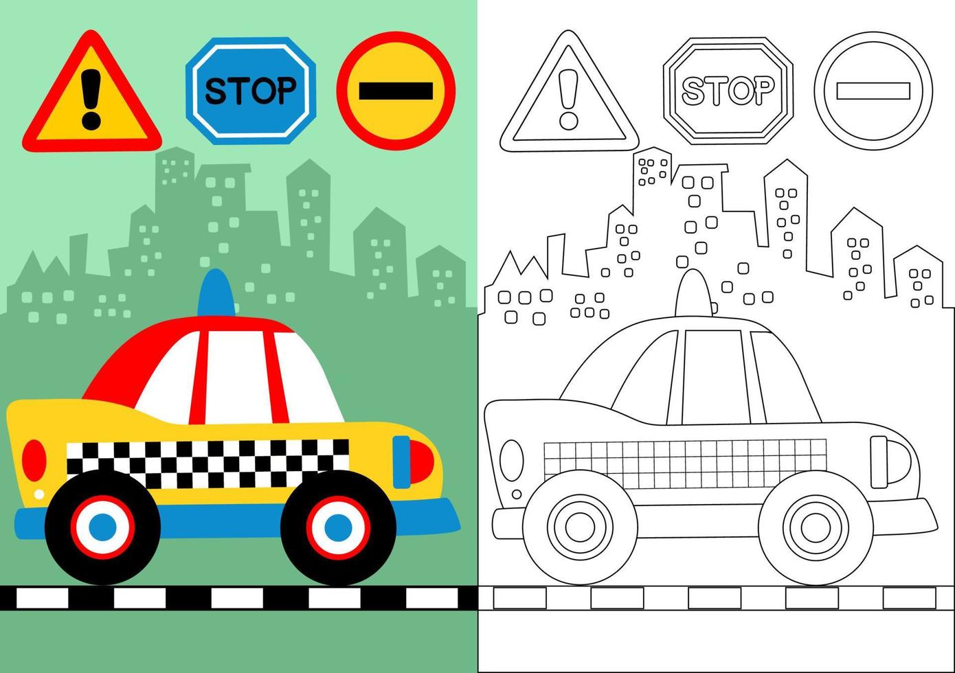 Vektor Karikatur von Taxi mit der Verkehr Zeichen auf Gebäude Hintergrund, Färbung Buch oder Seite