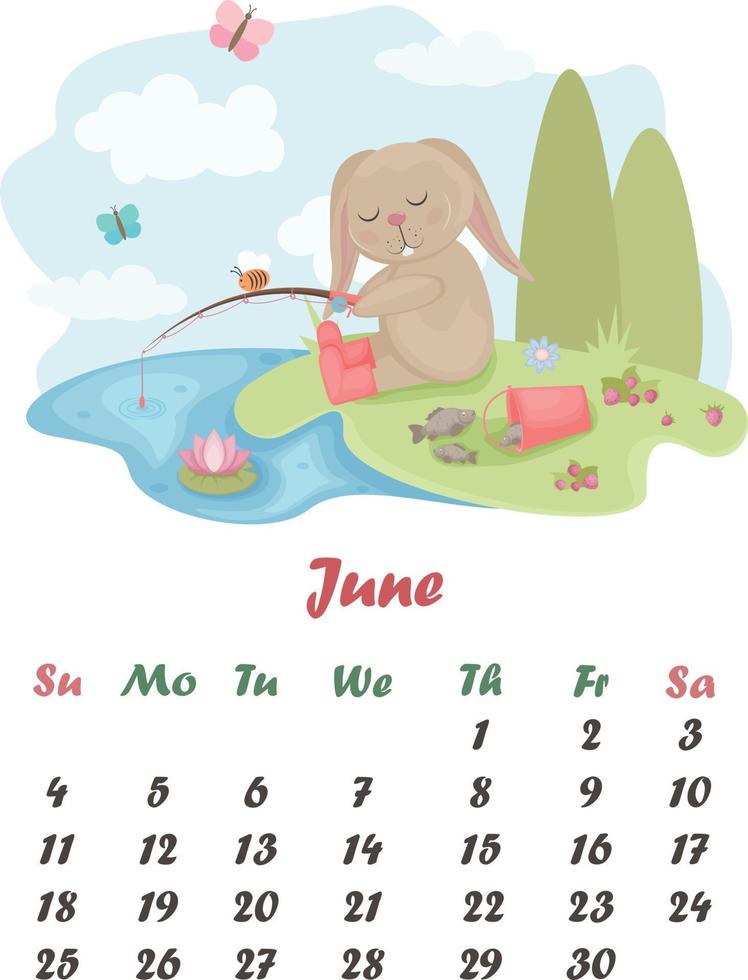 Juni. Kalender 2023. süß Hase auf ein Angeln Reise. das Bild von ein Hase Wer fiel schlafend mit ein Angeln Stange im seine Hand. ein Hase auf ein Hintergrund von Bäume, Blumen, Erdbeeren und ein Teich. Vektor