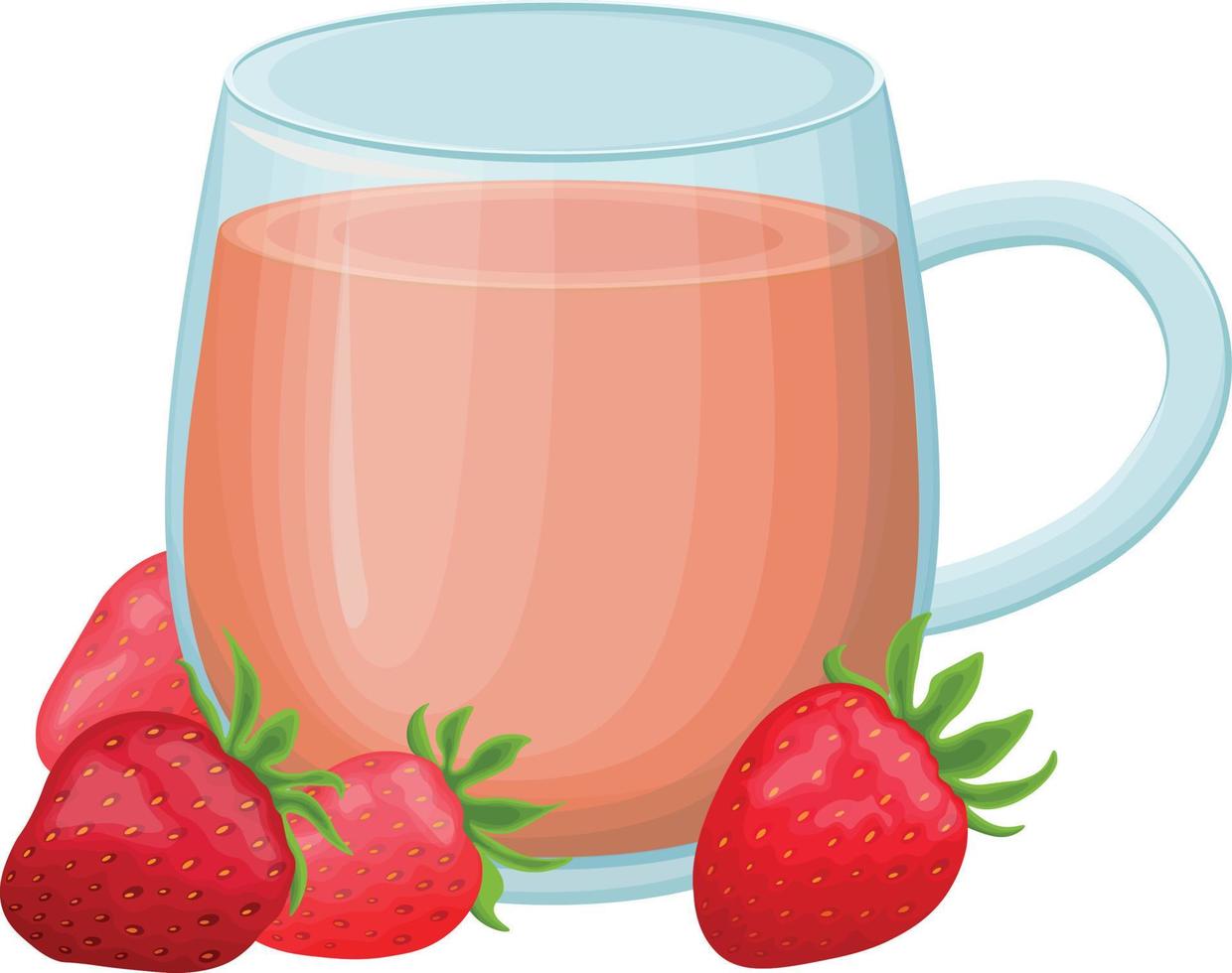 ein Tasse von Tee. ein Glas von Erdbeere Tee. ein heiß trinken im ein Glas, Nächster zu welche sind Erdbeeren. Erdbeere Kompott. Vektor Illustration isoliert auf ein Weiß Hintergrund