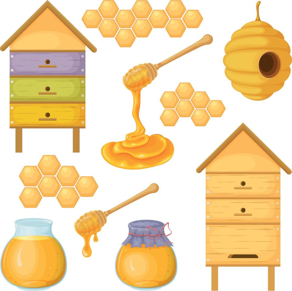 Honig und Bienenstöcke. ein groß einstellen von Bilder von Honig, Bienenstöcke und Zubehör zum Honig und ebenfalls Waben. Vektor Illustration im Karikatur Stil