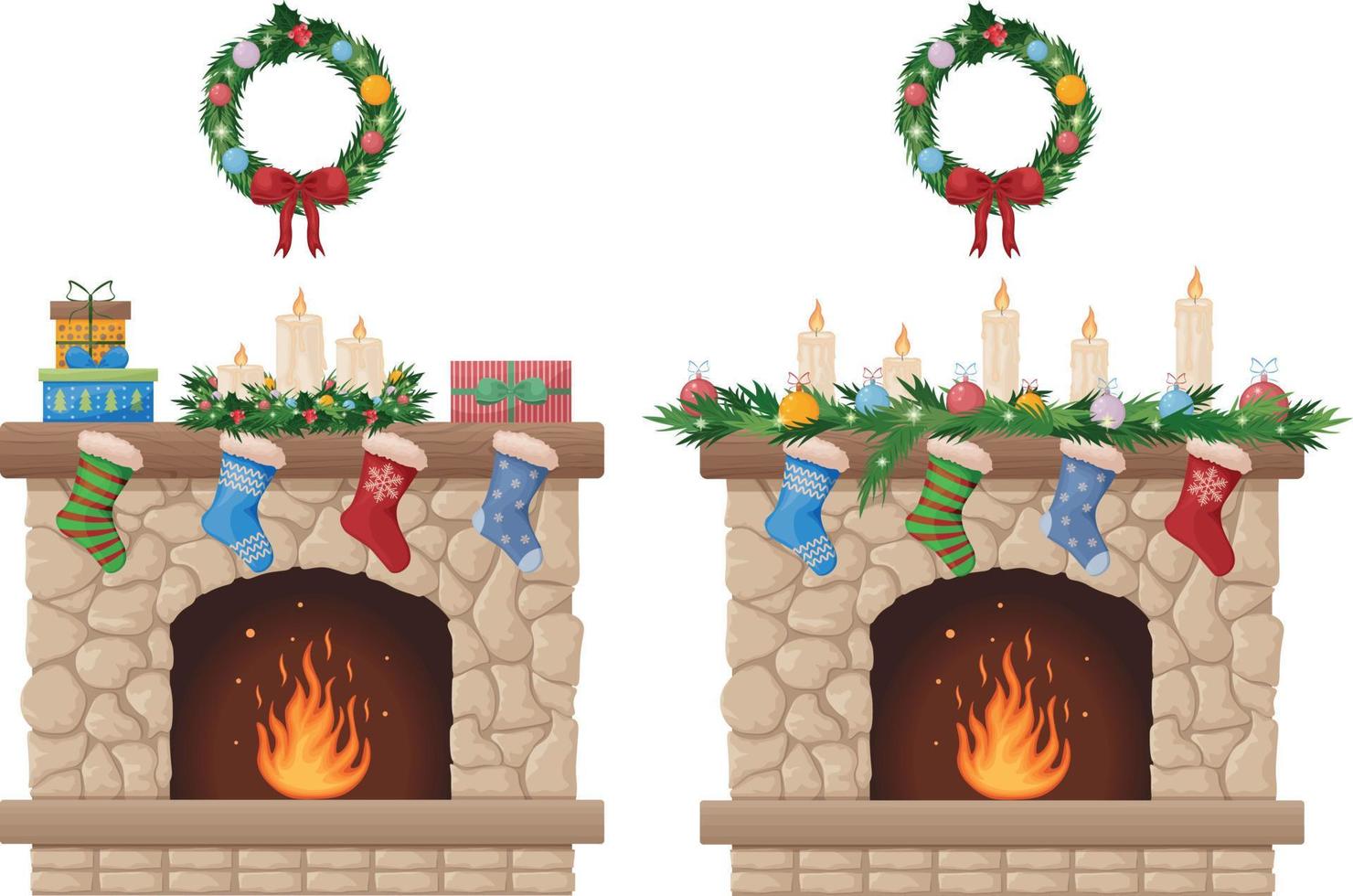 öppen spis. jul öppen spis med en jul krans och strumpor för gåvor. öppen spis med brand och festlig dekorationer. vektor illustration