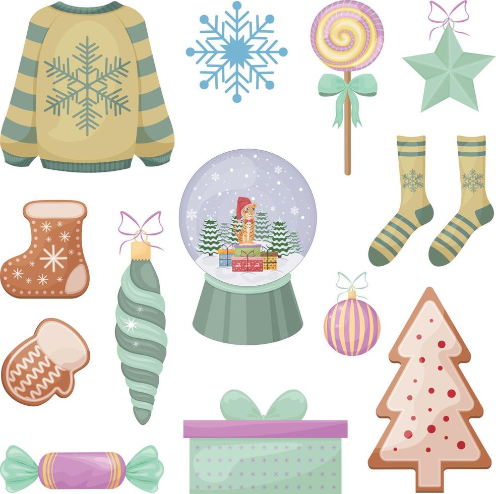 en stor jul uppsättning med festlig objekt sådan som en gåva, en snö klot, en pepparkaka, som väl som en jul träd leksak och en klubba. samling av jul föremål. symboler av de ny år. vektor
