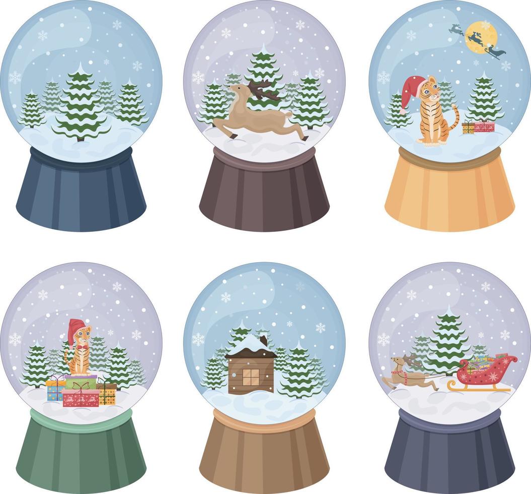 en uppsättning av jul snöglober. snö bollar med en jul träd, ren utnyttjas till en släde och också en tiger symbol av de ny år. samling av snöglober i tecknad serie stil. vektor illustration