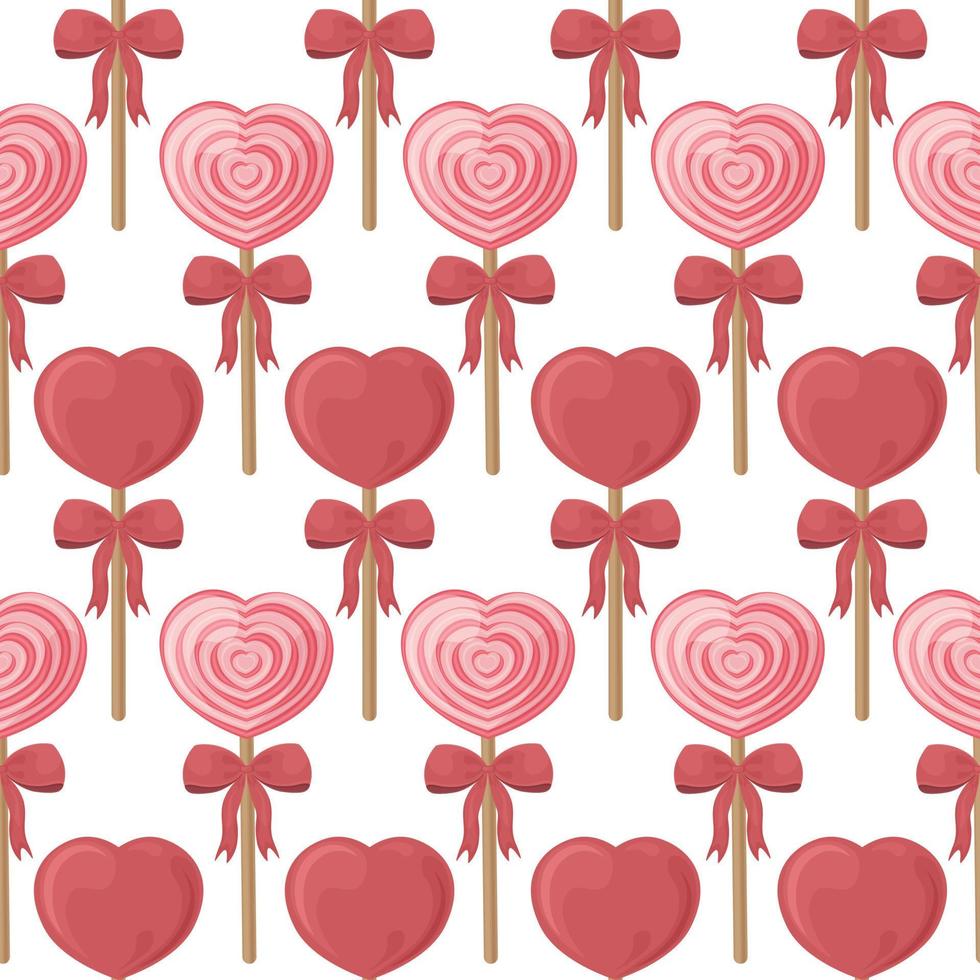 ljus ljuv sömlös mönster med de bild av klubbor på en pinne i de form av hjärtan. spiral klubbor på en pinne med röd pilbågar. godis mönster för utskrift i tecknad serie stil. vektor illustration