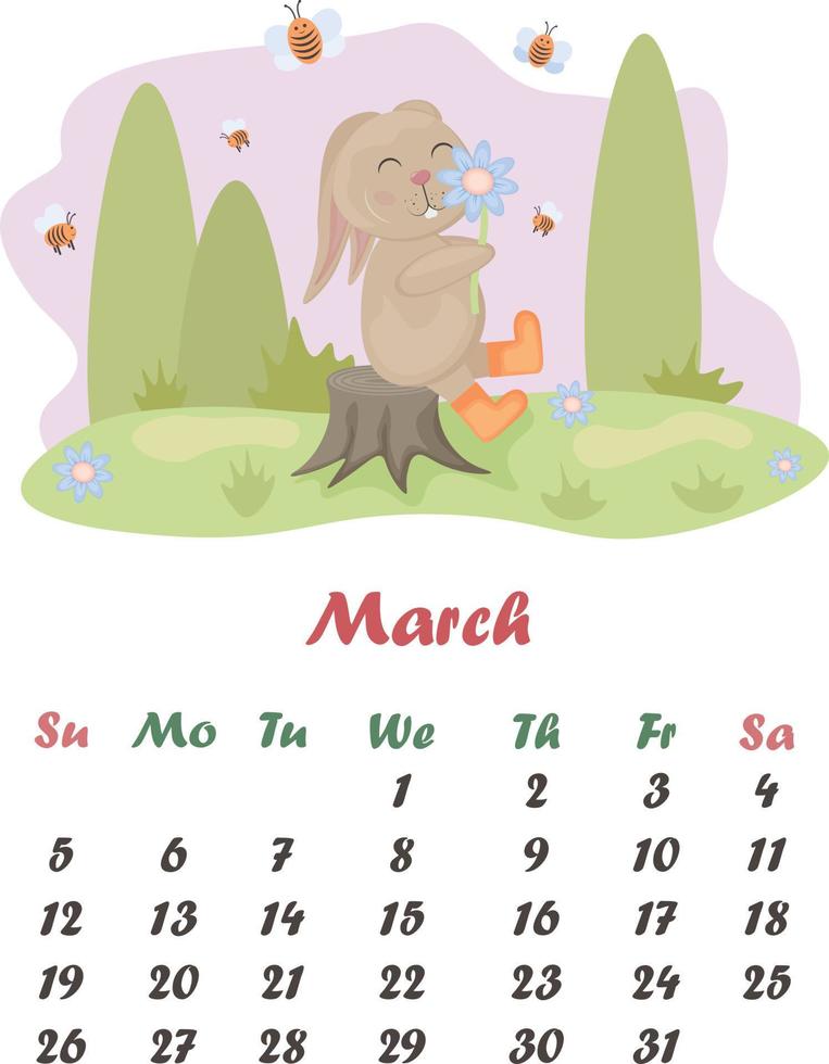 März ist ein süß Karikatur Hase. Frühling Kalender. Vektor Illustration von ein Hase. ein Hase ist Sitzung auf ein Stumpf mit ein Blume im seine Hände, gegen das Hintergrund von ein Wald und Bienen