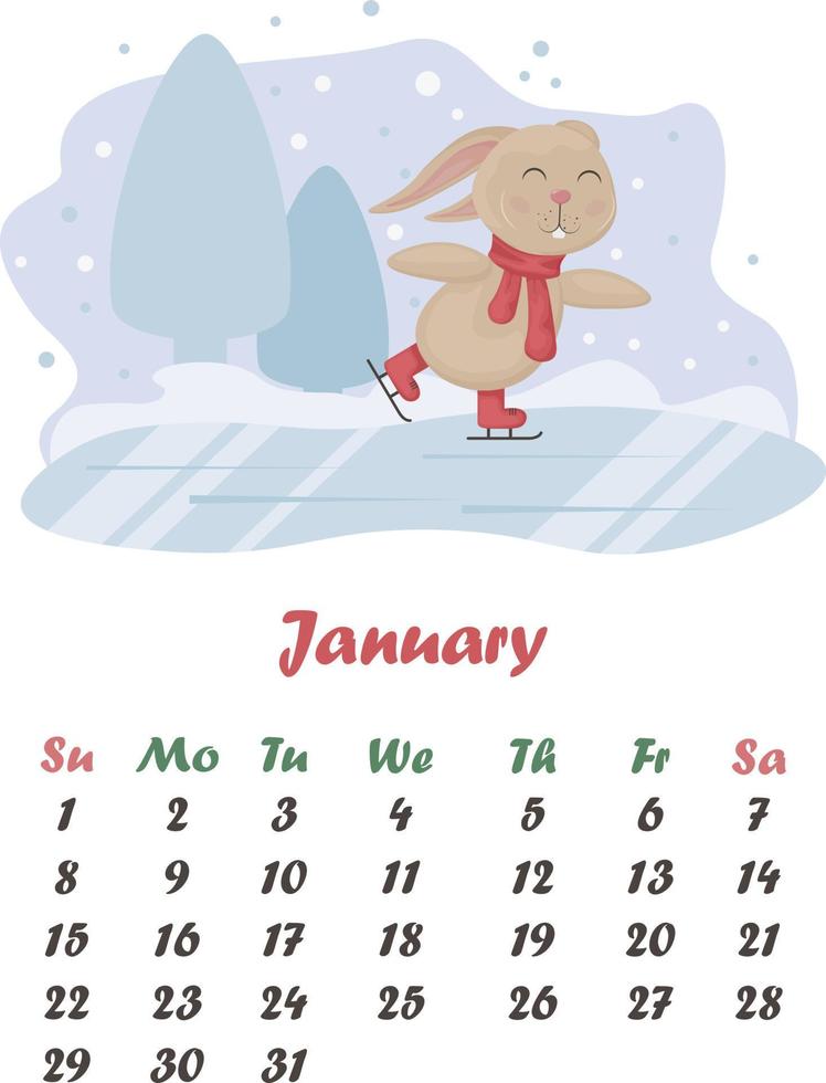 kalender januari. söt kalender med en bild av en kanin skridskoåkning på is. vinter- illustration med en söt hare på is. vektor