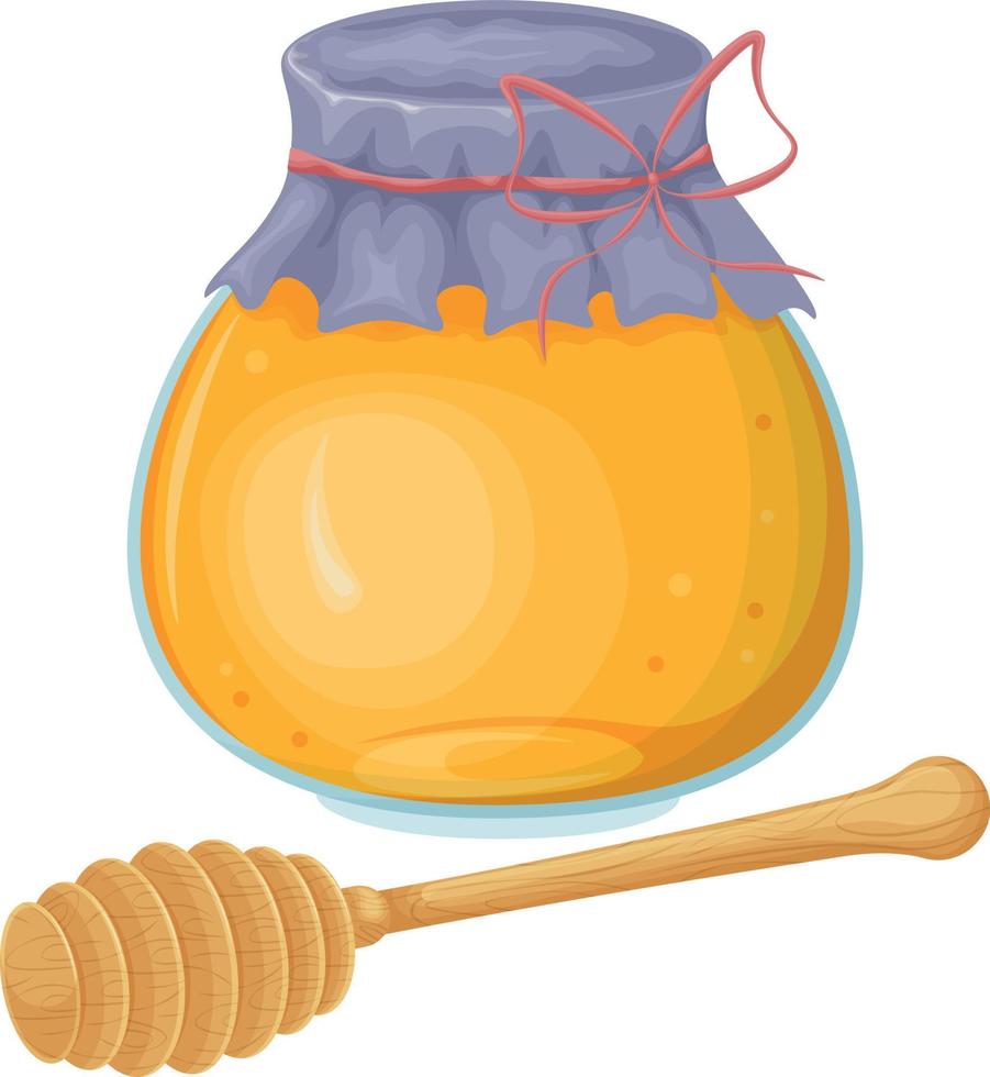 Honig. Bild von Honig im ein Krug. ein geschlossen Krug von Honig mit ein hölzern Löffel. transparent Krug mit Honig. Vektor Illustration isoliert auf ein Weiß Hintergrund