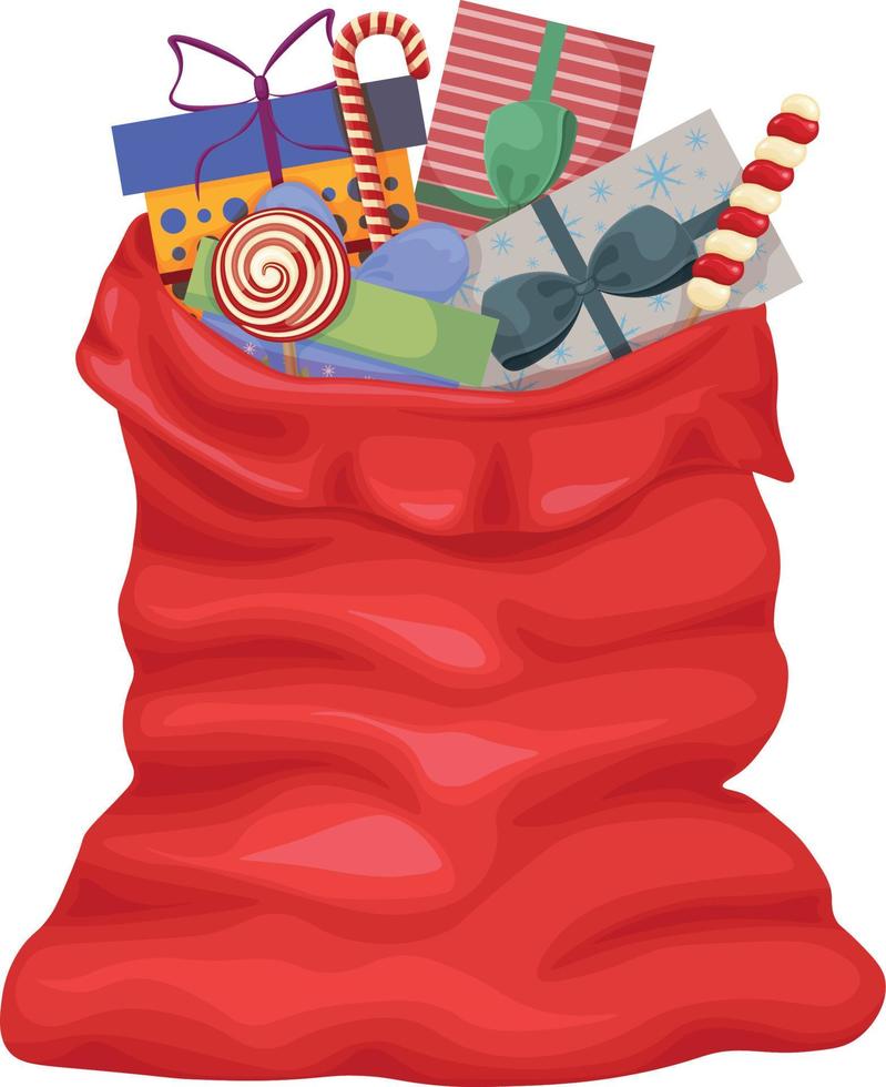 en väska av gåvor. röd santa claus väska med gåva lådor. jul illustration med en santa claus väska. vektor illustration isolerat på en vit bakgrund