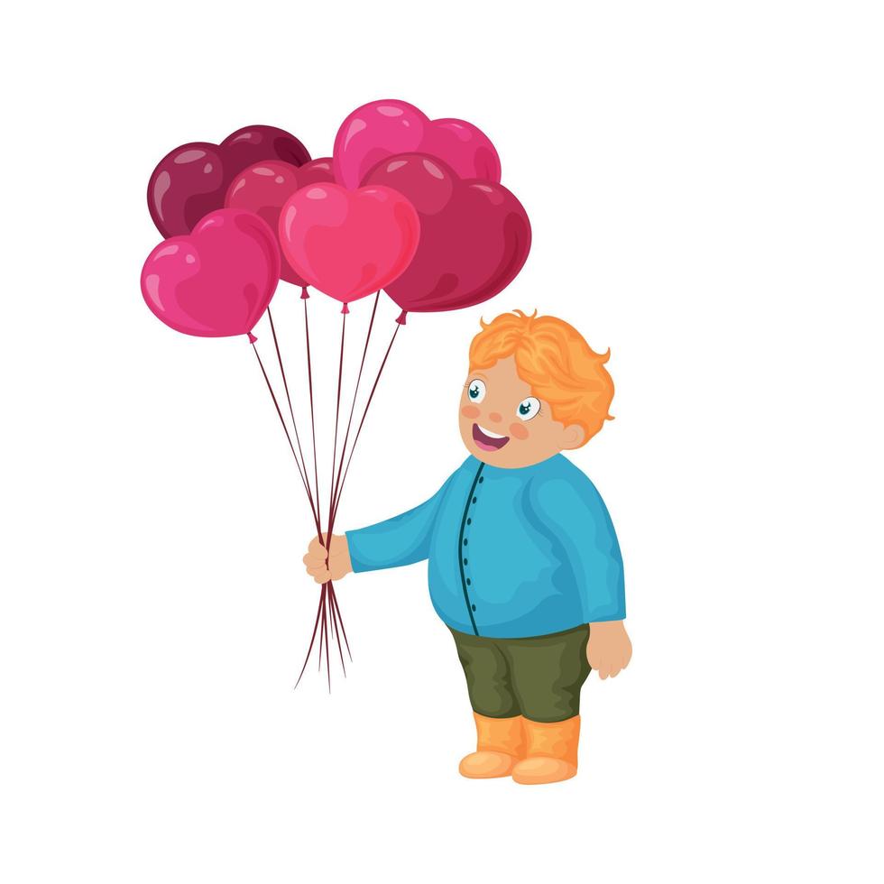 ein Junge mit Luftballons im das bilden von Herzen. süß Junge im Karikatur Stil. Illustration zum Valentinstag s Tag. ein Kind mit Luftballons vektor