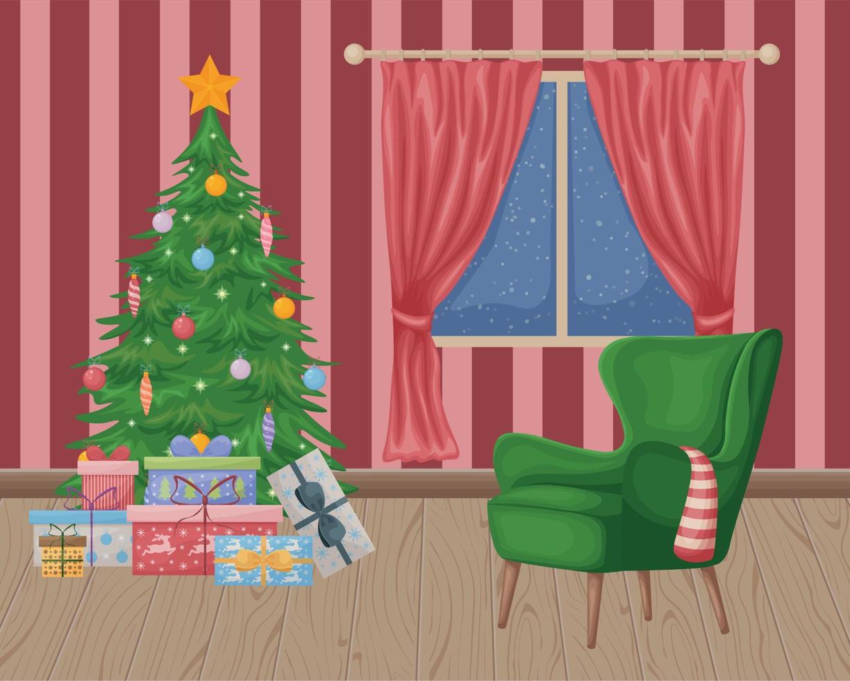 Weihnachten Innere. Vektor Illustration von ein Neu Jahr s Innere. ein Weihnachten Baum mit Geschenke in der Nähe von das Fenster und ein Grün Sessel. ein Stuhl im das Mitte von ein Zimmer mit ein schneebedeckt Fenster