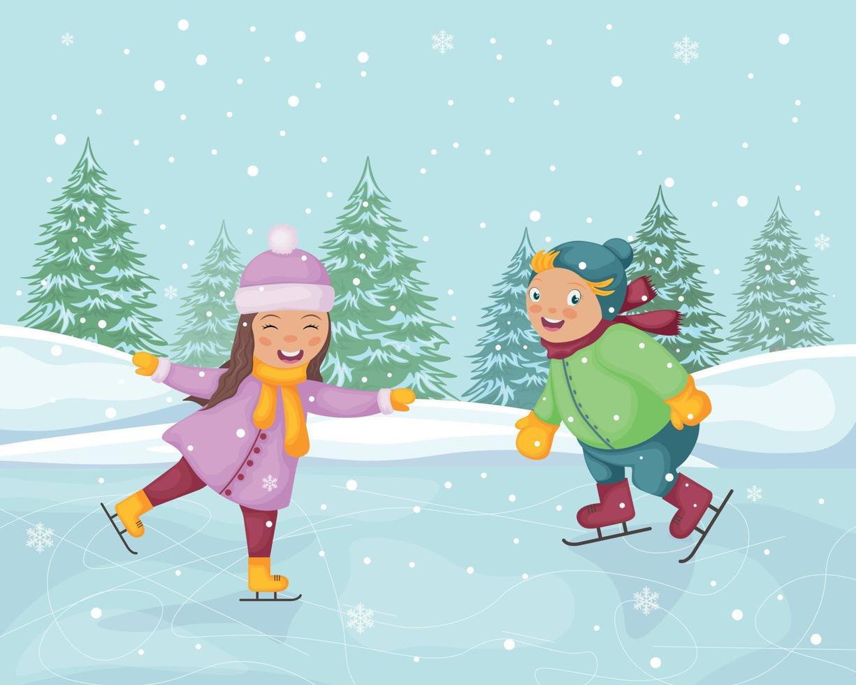 Kinder beim das Skaten Eisbahn. süß Winter Illustration von Kinder Skaten auf Eis. komisch Junge und Mädchen auf ein Skaten Eisbahn gegen das Hintergrund von ein Winter Wald. Vektor. vektor