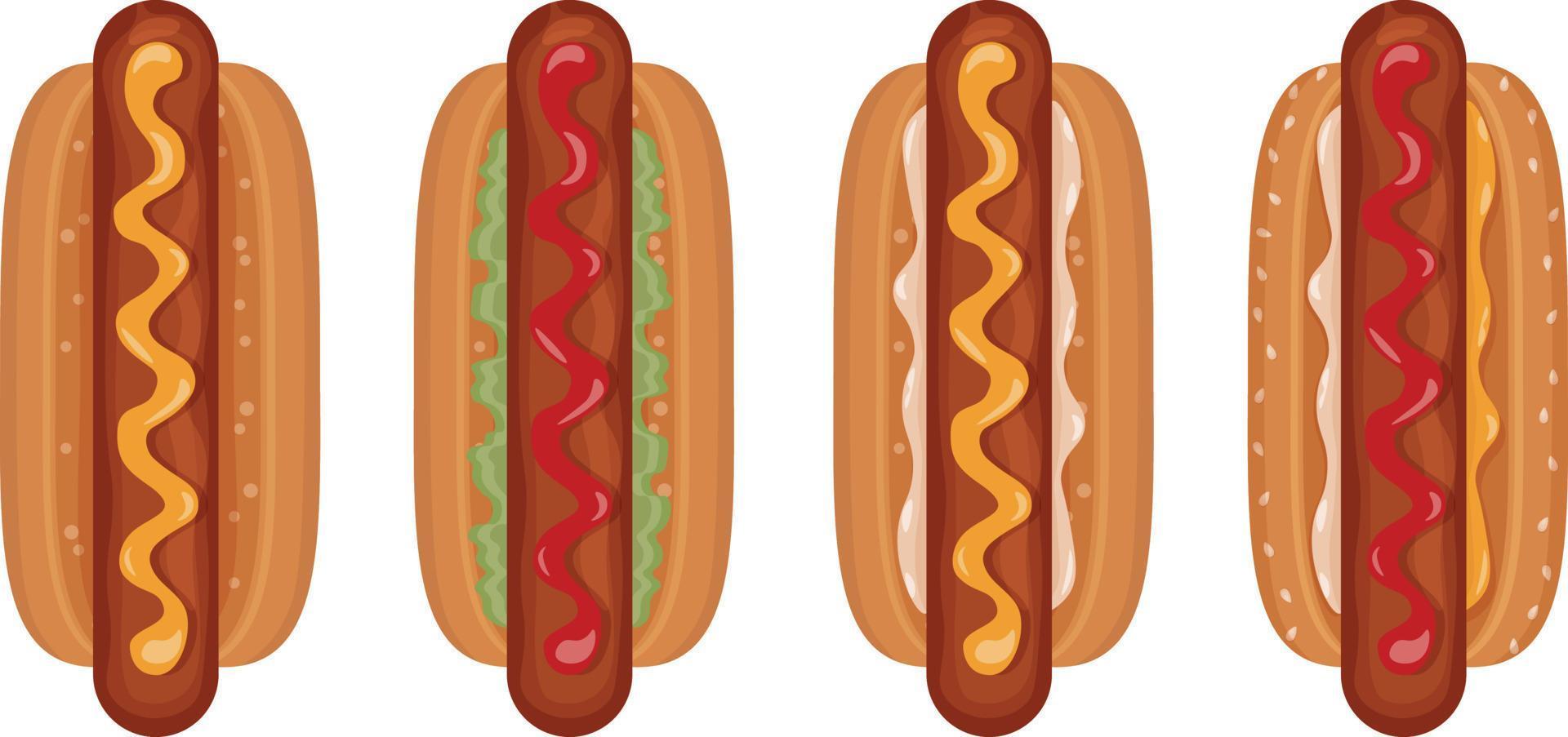 ein appetitlich einstellen von vier heiß Hunde oben Aussicht köstlich saftig heiß Hunde mit Wurst, Ketchup, Mayonnaise, Senf und Grüner Salat Blätter. schnell Essen im Karikatur Stil. Vektor Illustration auf Weiß Hintergrund
