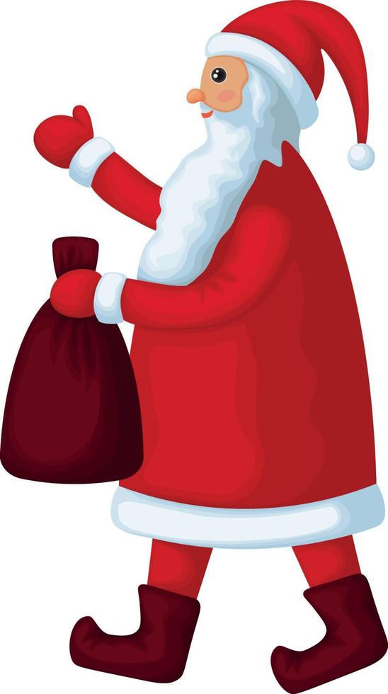 Santa claus Seite Sicht. süß Karikatur Santa claus mit ein Tasche von Geschenke im seine Hände. ein Symbol von Weihnachten und Neu Jahr. Vektor Illustration isoliert auf ein Weiß Hintergrund