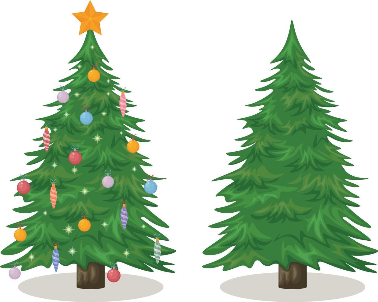jul träd. två jul träd, ett dekorerad med jul bollar, de Övrig utan dekorationer. vektor illustration
