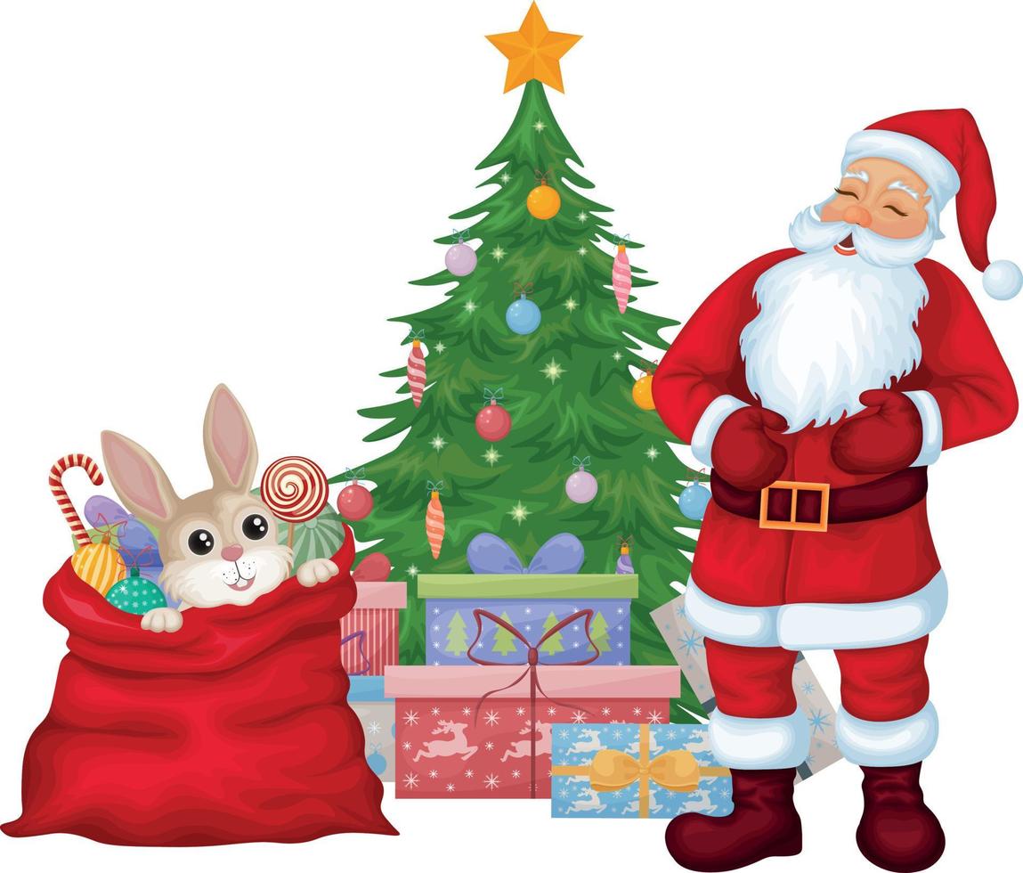 Santa claus mit ein Hase. Lachen Santa claus sieht aus beim ein Hase spähen aus von ein Tasche von Geschenke. Santa claus und Hase in der Nähe von das Weihnachten Baum mit Geschenke. Vektor Illustration