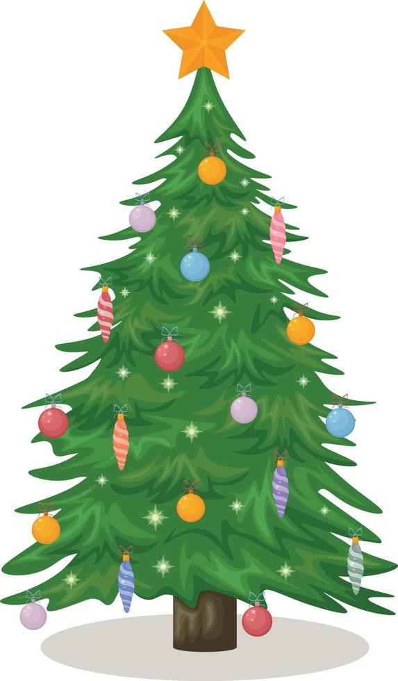jul träd. söt jul träd dekorerad med jul leksaker och girlanger. festlig jul träd, vektor illustration