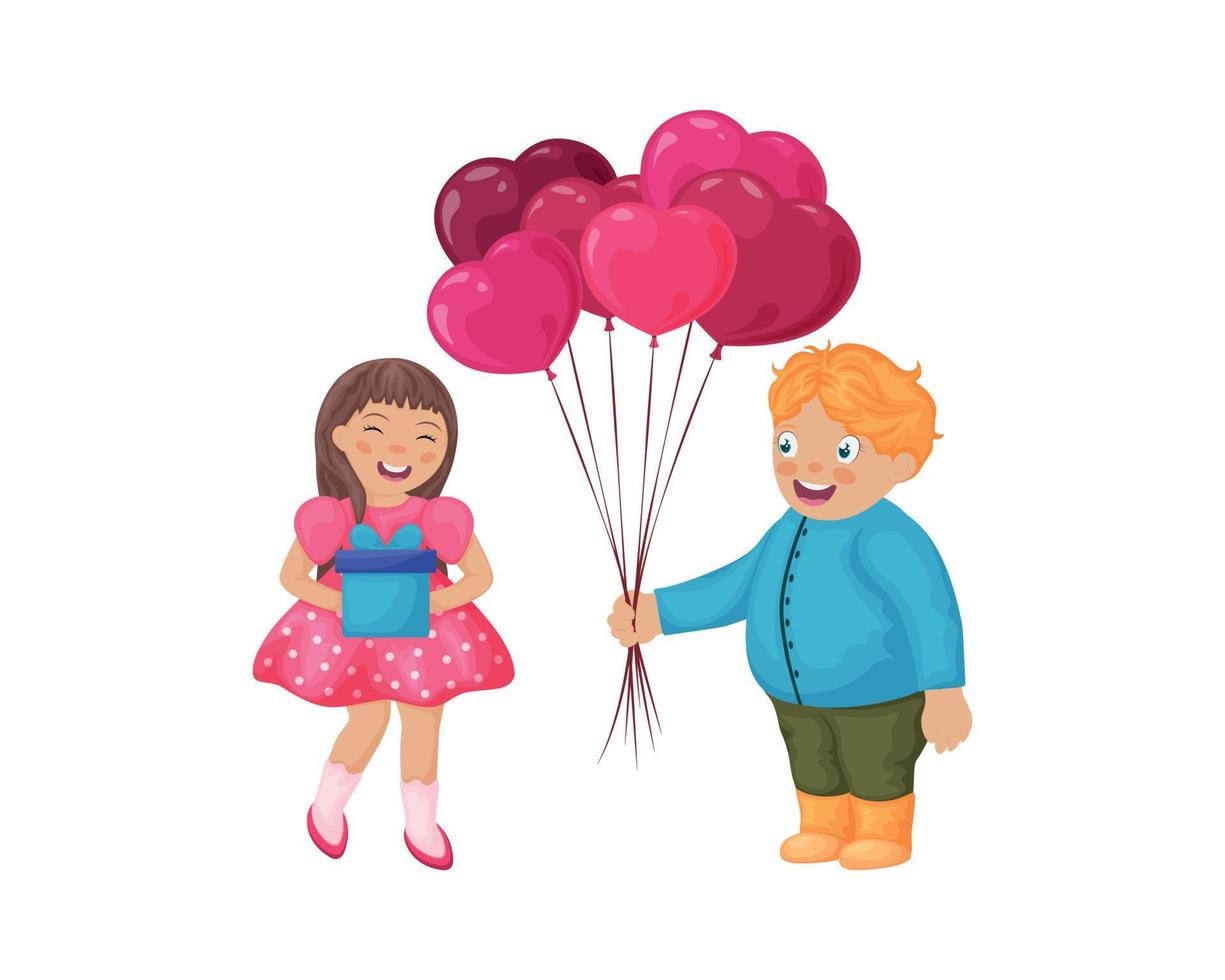 ein Junge mit Luftballons im das bilden von Herzen und ein Mädchen mit Geschenke. Illustration zum Valentinstag s Tag. süß Cartoon-Stil Kinder geben jeder andere Geschenke. Vektor Illustration