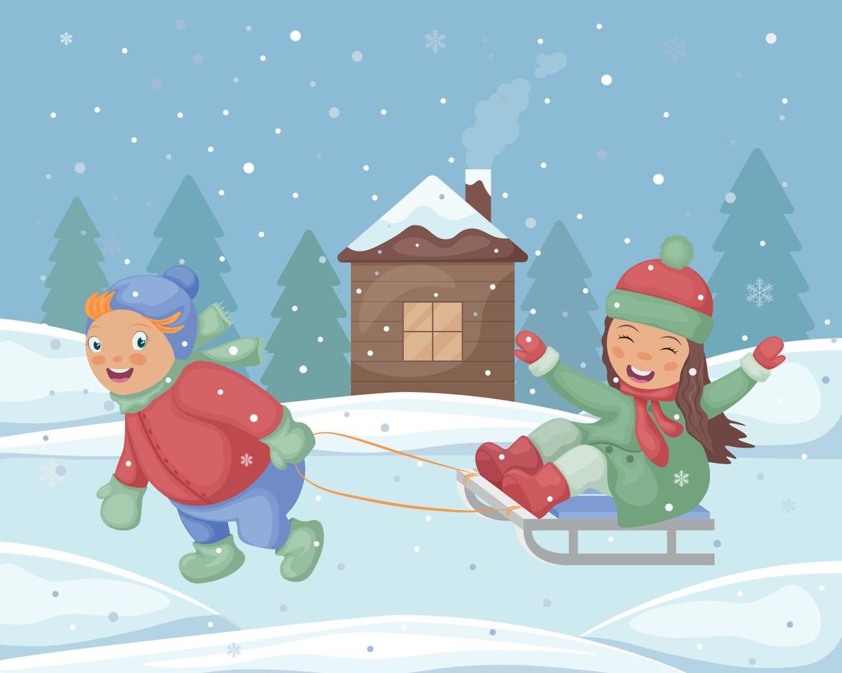 Winter Illustration. Weihnachten Illustration mit das Bild von Kinder Reiten ein Schlitten. ein Junge Fahrten ein Mädchen auf ein Schlitten. komisch Kinder auf ein Winter Hintergrund vektor