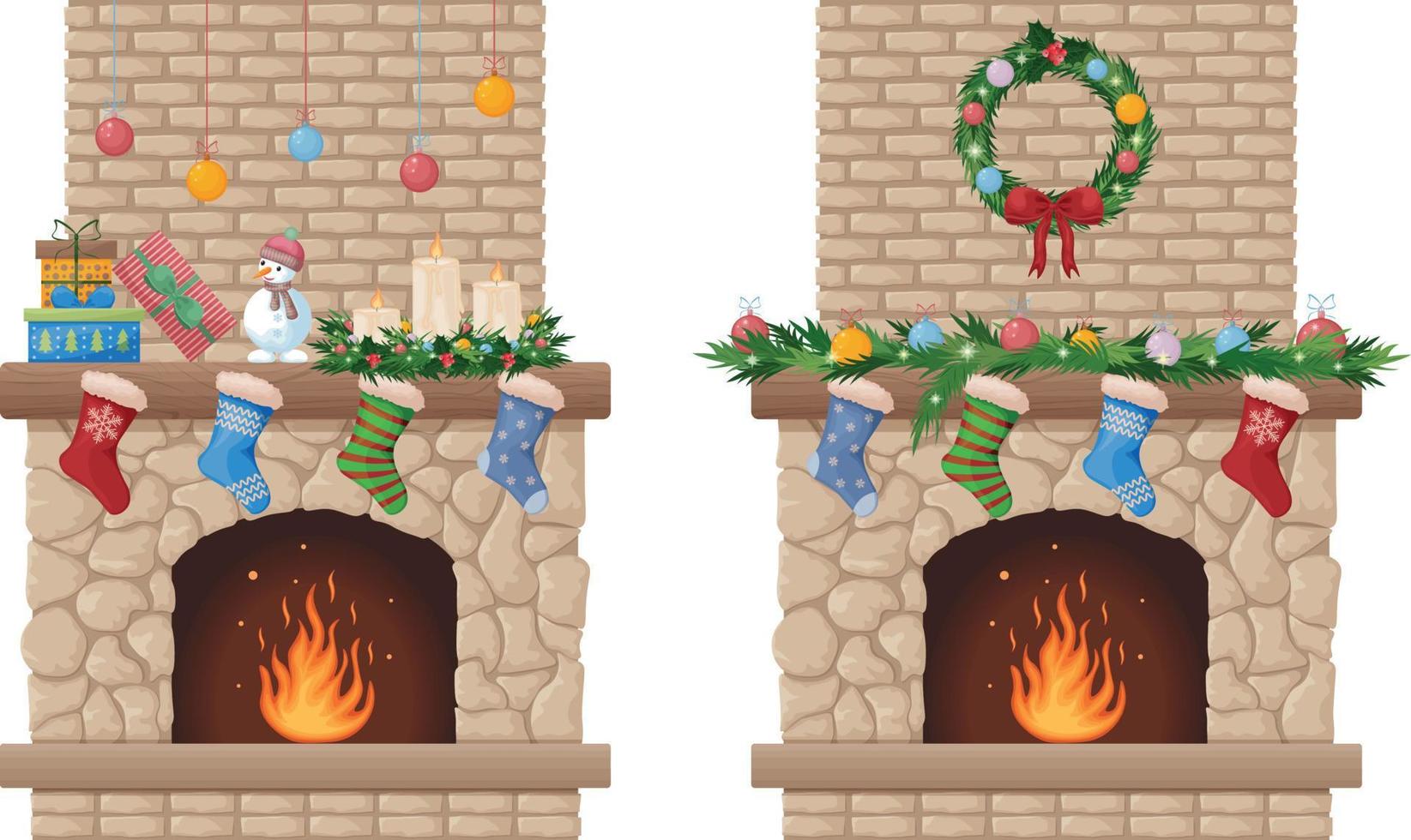 öppen spis. jul öppen spis med en jul krans och strumpor för gåvor. öppen spis med brand och festlig dekorationer. vektor illustration