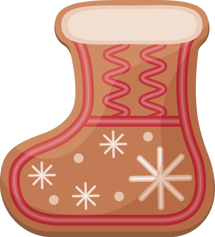süßer weihnachtslebkuchen mit glasur verziert, ein neujahrslebkuchen in form eines stiefels. festliches Gebäck mit Zuckerguss verziert. Weihnachtsplätzchen in Form einer Socke. isolierter Vektor
