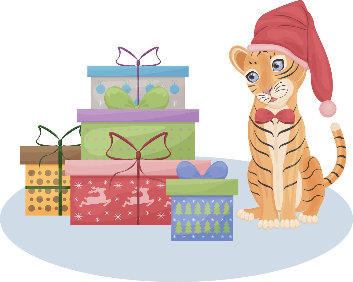 söt jul illustration med de bild av en söt tiger i en röd hatt Sammanträde Nästa till de gåvor. en symbol av de ny år. barn s ny år s illustration. Semester kort, vektor illustration