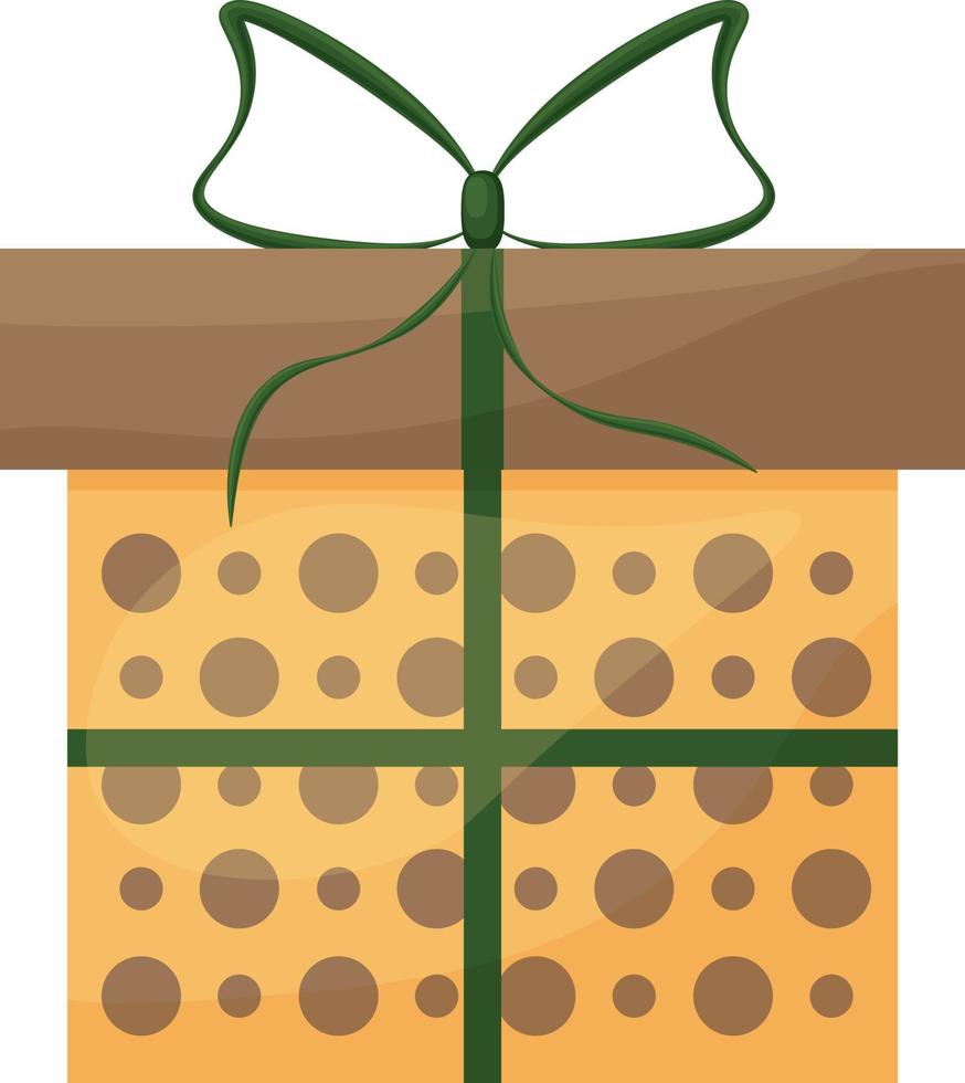 hell Orange Geschenk Box zum Neu Jahr, Geburtstag, Valentinstag s Tag und andere Feiertage. festlich Rosa Geschenk Box dekoriert mit braun Kreise und ein Grün Bogen. Geschenk Kasten, Vektor Illustration, isoliert