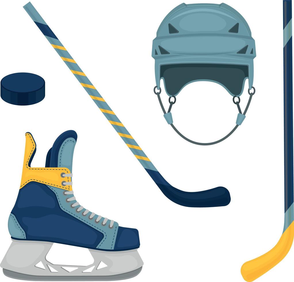 en sporter uppsättning terar hockey Utrustning, sådan som en hockey pinne, hjälm, puck och is skridskor. hockey samling vektor illustration isolerat på en vit bakgrund